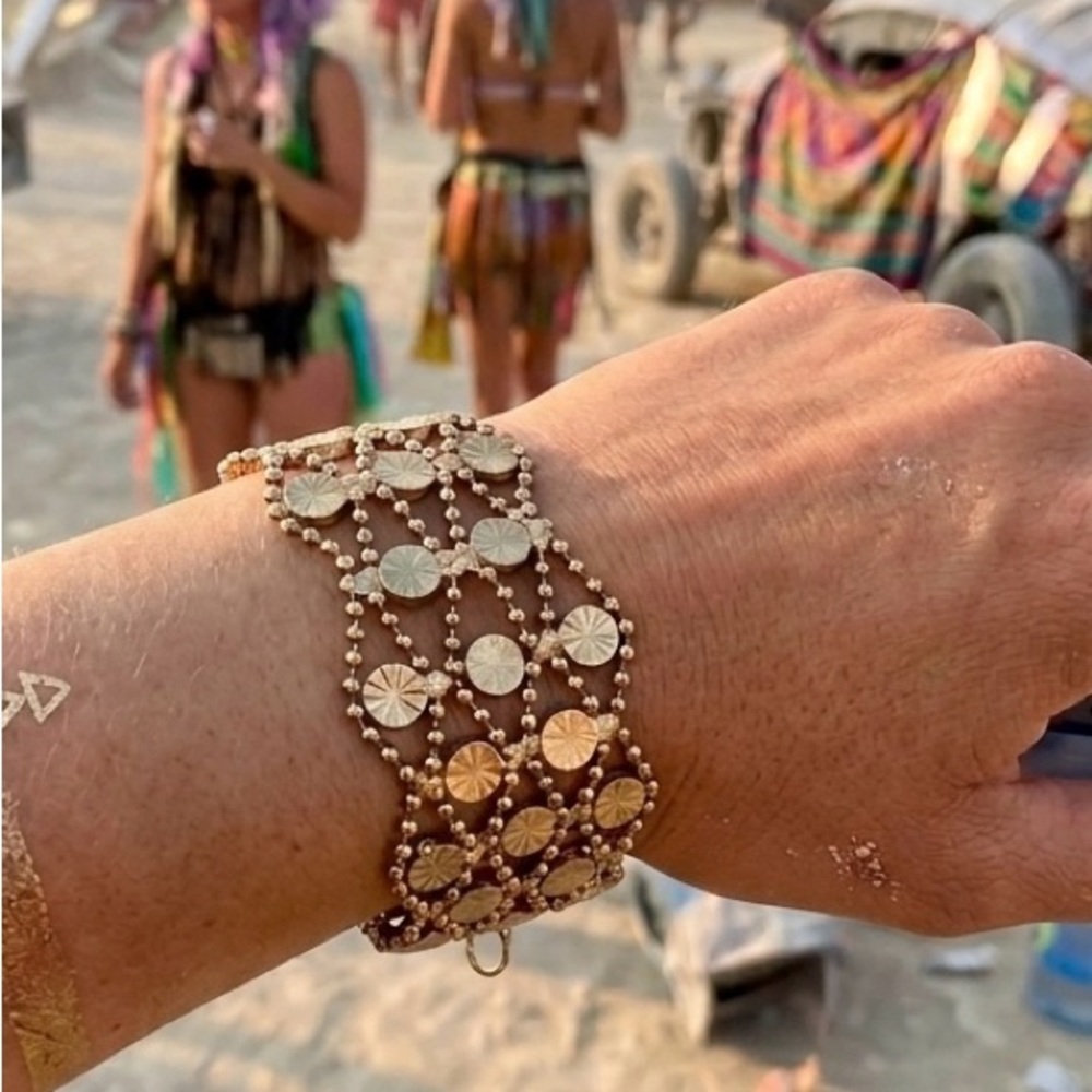 Gold Beaded Mesh Cuff Bracelet | Starburst Detail | Boho Statement Jewelry